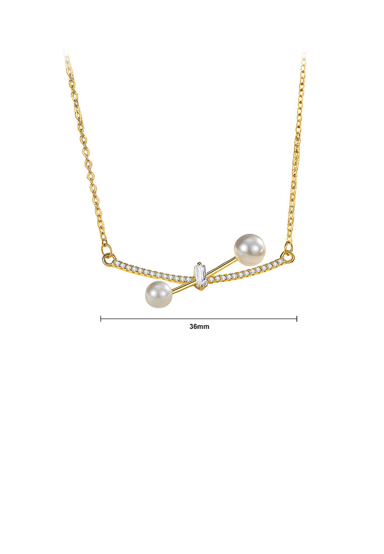 925 Sterling Silver Plated Gold Simple Temperament Cross Geometric Imitation Pearl Pendant with Cubic Zirconia and Necklace - Luxurious Look