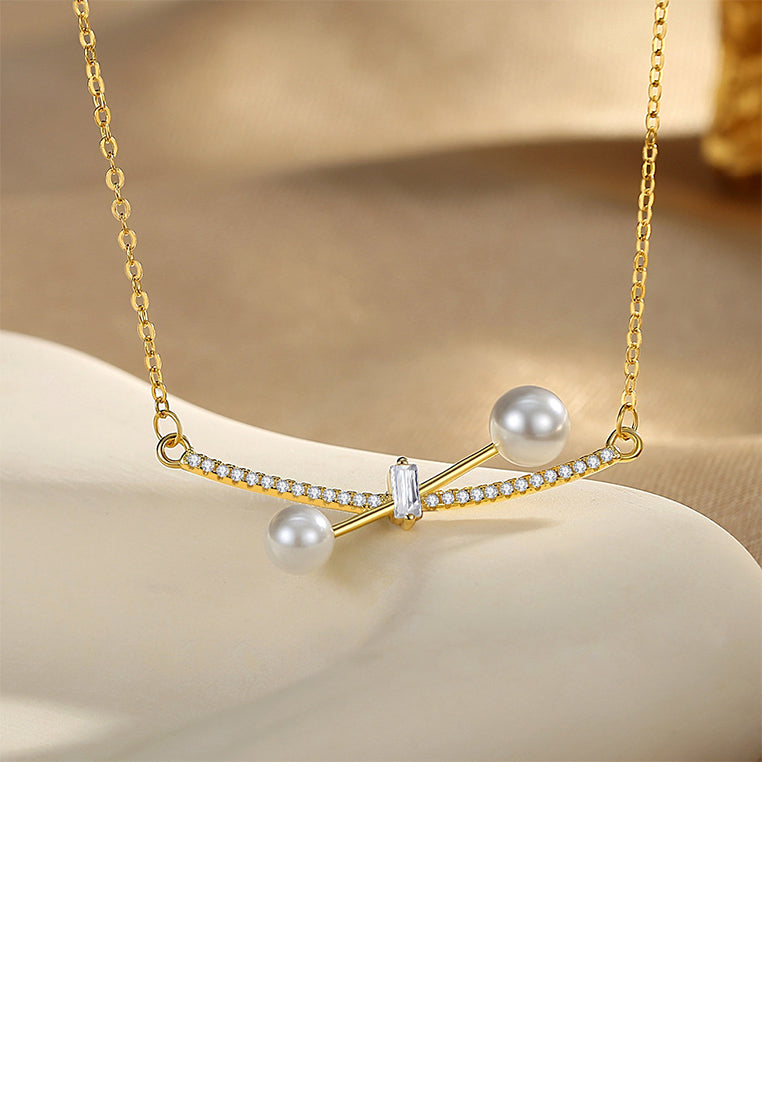 925 Sterling Silver Plated Gold Simple Temperament Cross Geometric Imitation Pearl Pendant with Cubic Zirconia and Necklace - Luxurious Look