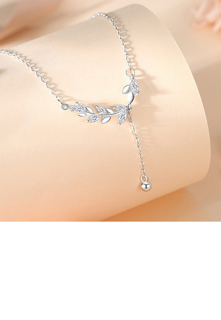 925 Sterling Silver Simple Elegant Wheat Tassel Pendant with Cubic Zirconia and Necklace - Luxurious Look