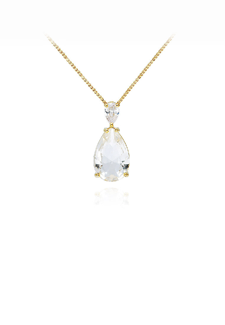 Fashion Simple Plated Gold Water Drop Shape Geometric Pendant with White Cubic Zirconia and Necklace - Luxurious Look