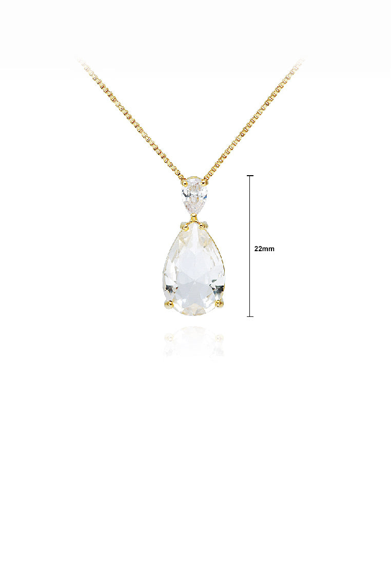 Fashion Simple Plated Gold Water Drop Shape Geometric Pendant with White Cubic Zirconia and Necklace - Luxurious Look