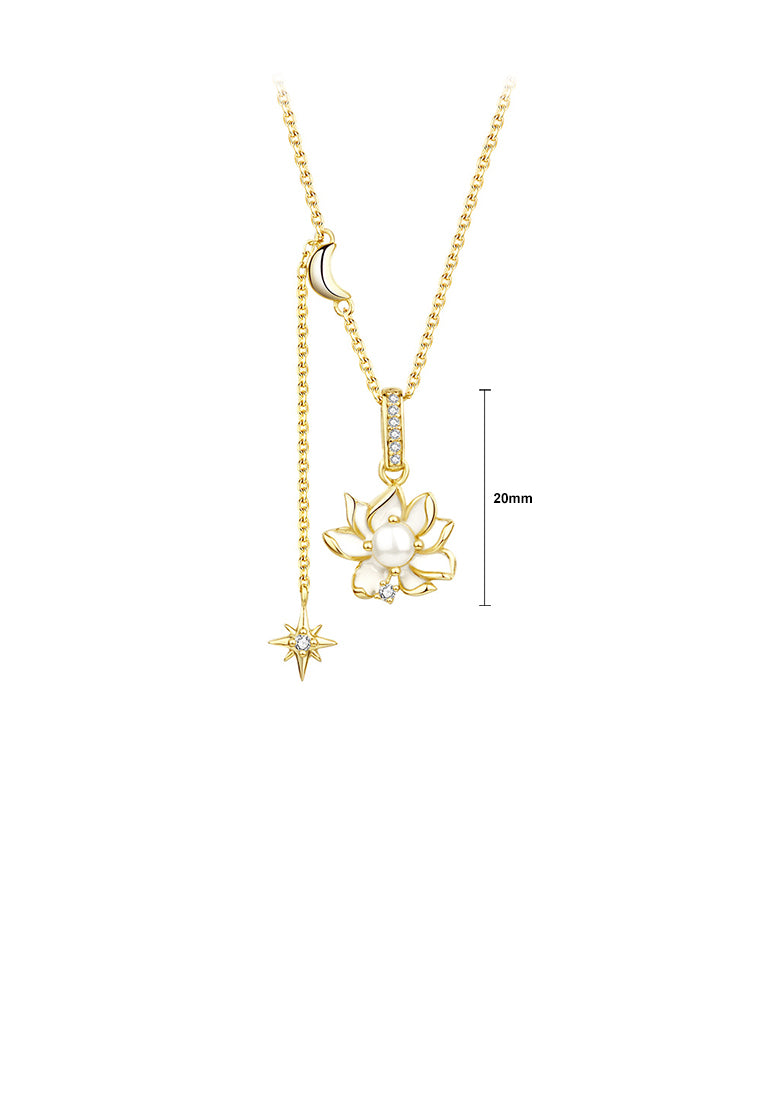 925 Sterling Silver Plated Gold Fashion and Elegant Lotus Imitation Pearl Pendant with Cubic Zirconia and Necklace - Luxurious Look