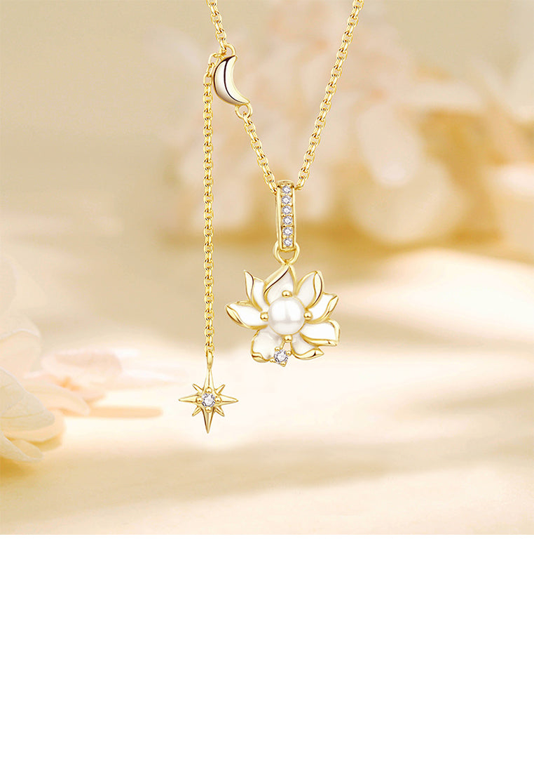 925 Sterling Silver Plated Gold Fashion and Elegant Lotus Imitation Pearl Pendant with Cubic Zirconia and Necklace - Luxurious Look