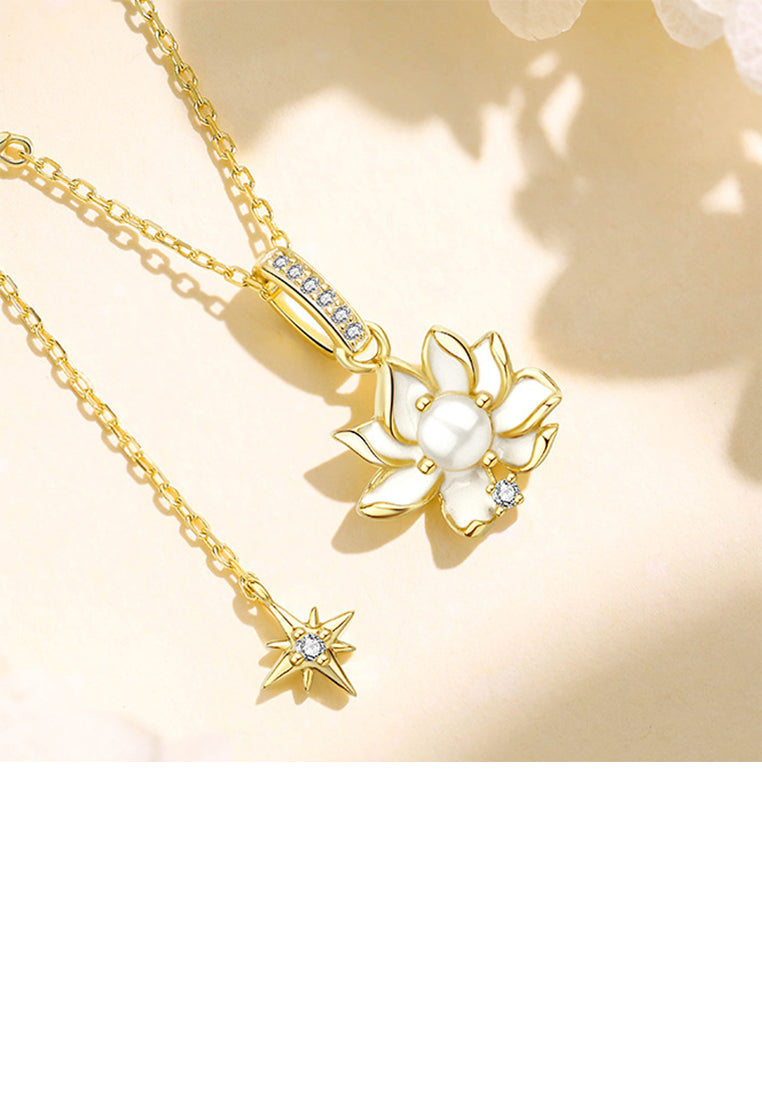 925 Sterling Silver Plated Gold Fashion and Elegant Lotus Imitation Pearl Pendant with Cubic Zirconia and Necklace - Luxurious Look