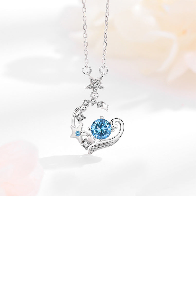 925 Sterling Silver Fashion Simple Star Heart-shaped Pendant with Blue Cubic Zirconia and Necklace - Luxurious Look