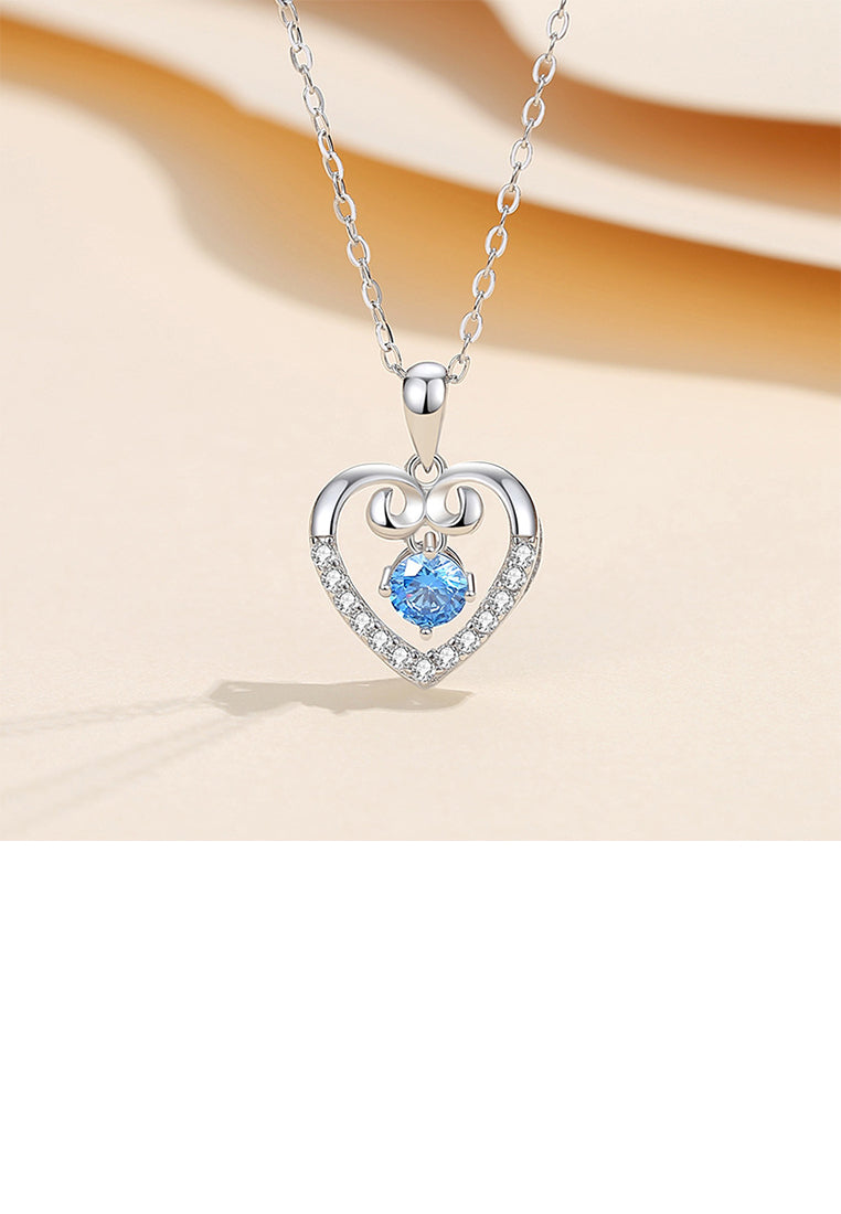 925 Sterling Silver Fashion and Simple Hollow Heart-shaped Pendant with Blue Cubic Zirconia and Necklace - Luxurious Look