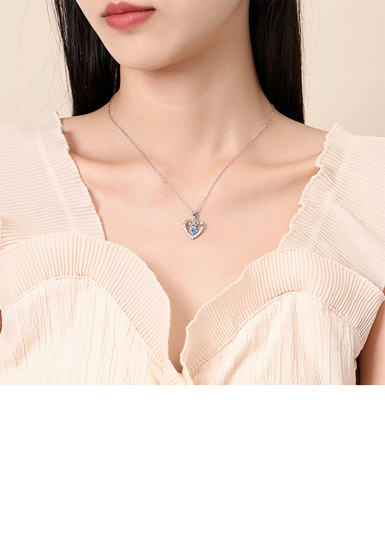 925 Sterling Silver Fashion and Simple Hollow Heart-shaped Pendant with Blue Cubic Zirconia and Necklace - Luxurious Look