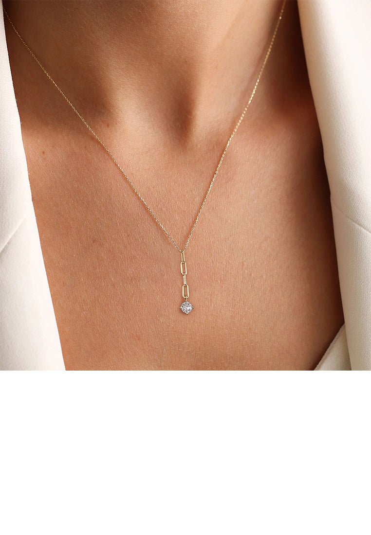 925 Sterling Silver Plated Gold Simple Fashion Chain Tassel Pendant with Cubic Zirconia and Necklace - Luxurious Look