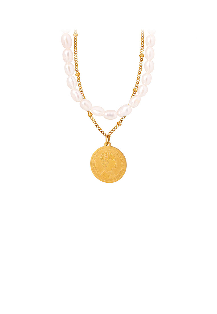 Fashion and Elegant Plated Gold 316L Stainless Steel Queen Geometric Medallion Pendant with Double Layer Imitation Pearl Necklace - Luxurious Look