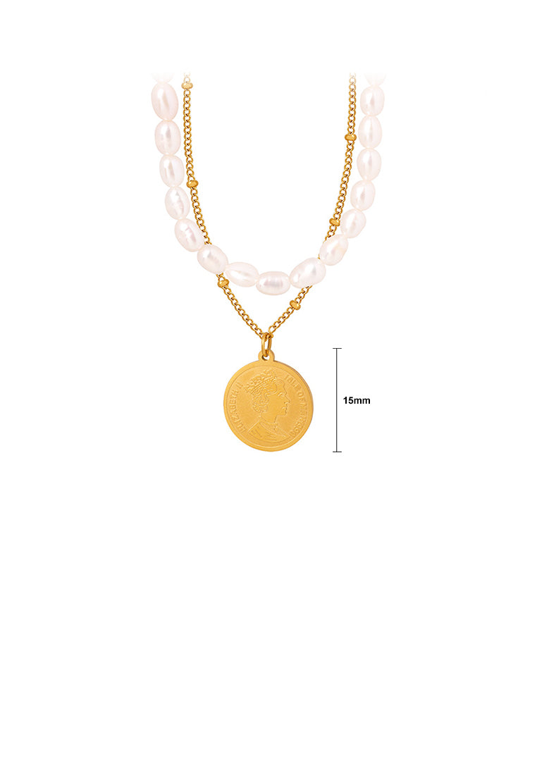 Fashion and Elegant Plated Gold 316L Stainless Steel Queen Geometric Medallion Pendant with Double Layer Imitation Pearl Necklace - Luxurious Look