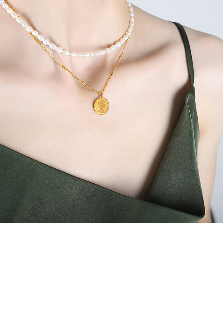 Fashion and Elegant Plated Gold 316L Stainless Steel Queen Geometric Medallion Pendant with Double Layer Imitation Pearl Necklace - Luxurious Look