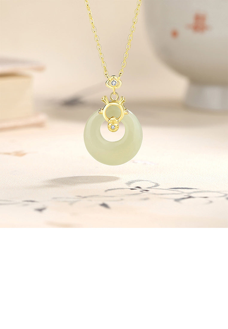 925 Sterling Silver Plated Gold Fashion Vintage Chinese Dragon Ping An Buckle Pendant with Cubic Zirconia and Necklace - Luxurious Look