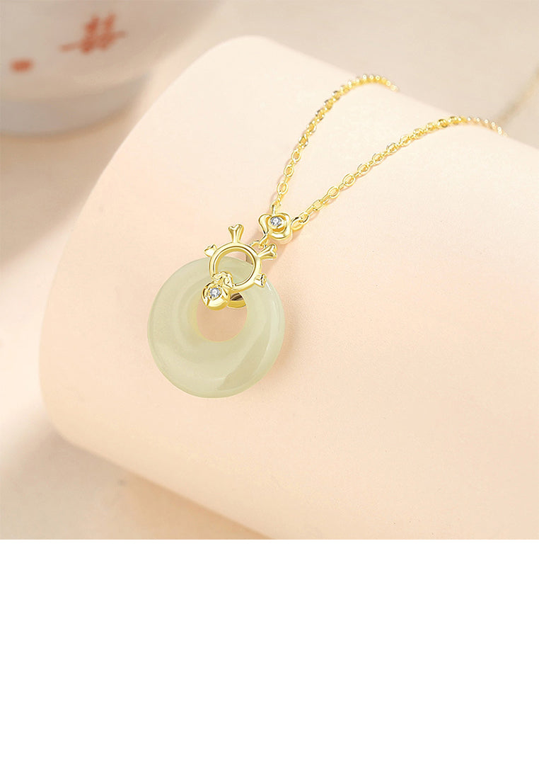 925 Sterling Silver Plated Gold Fashion Vintage Chinese Dragon Ping An Buckle Pendant with Cubic Zirconia and Necklace - Luxurious Look