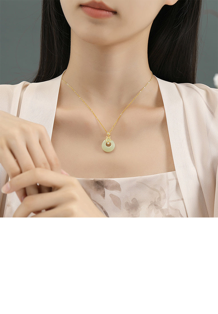 925 Sterling Silver Plated Gold Fashion Vintage Chinese Dragon Ping An Buckle Pendant with Cubic Zirconia and Necklace - Luxurious Look