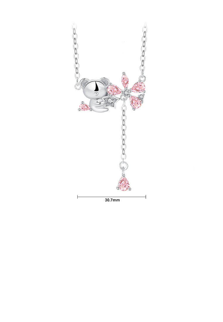 925 Sterling Silver Fashion Cute Cherry Blossom Bear Tassel Pendant with Cubic Zirconia and Necklace - Luxurious Look