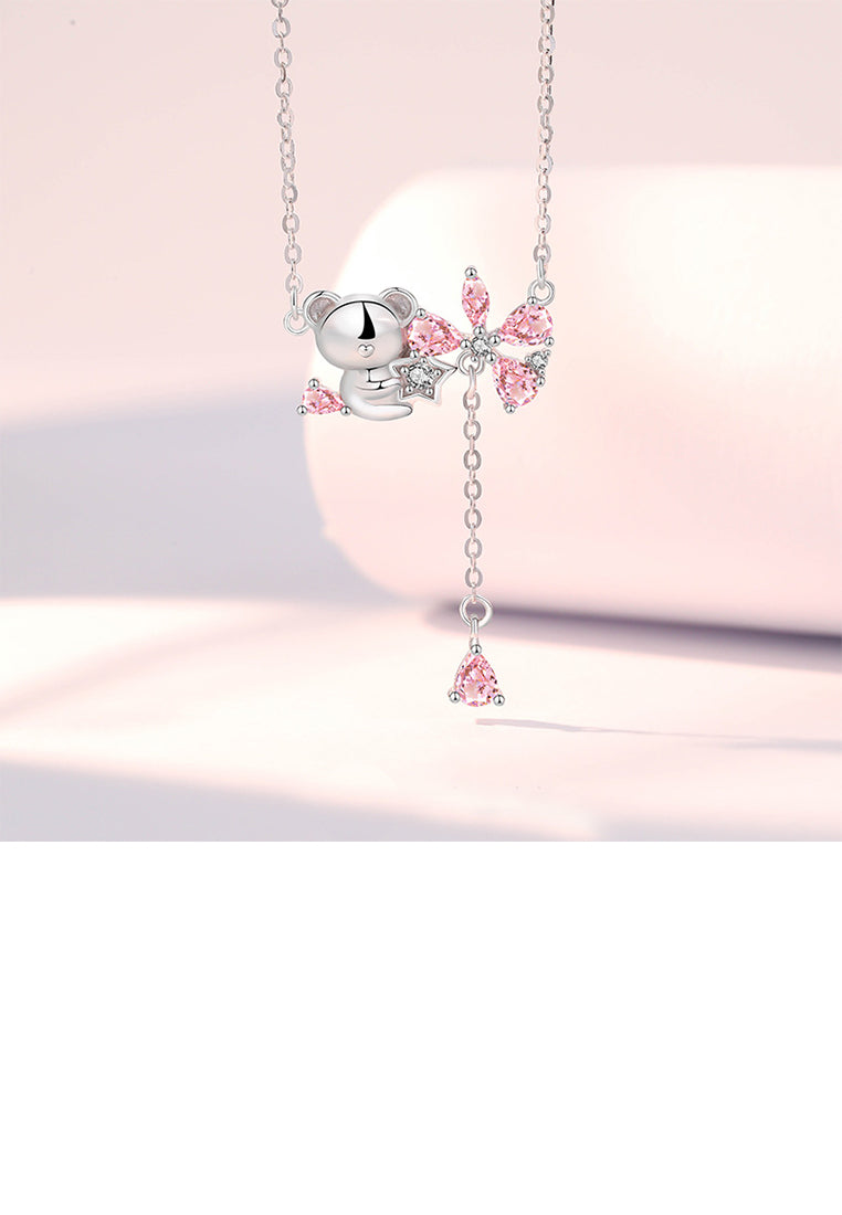 925 Sterling Silver Fashion Cute Cherry Blossom Bear Tassel Pendant with Cubic Zirconia and Necklace - Luxurious Look