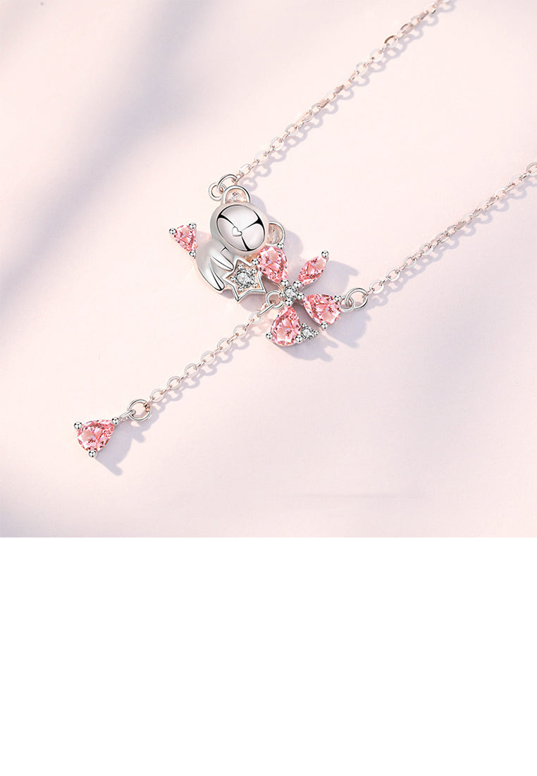 925 Sterling Silver Fashion Cute Cherry Blossom Bear Tassel Pendant with Cubic Zirconia and Necklace - Luxurious Look