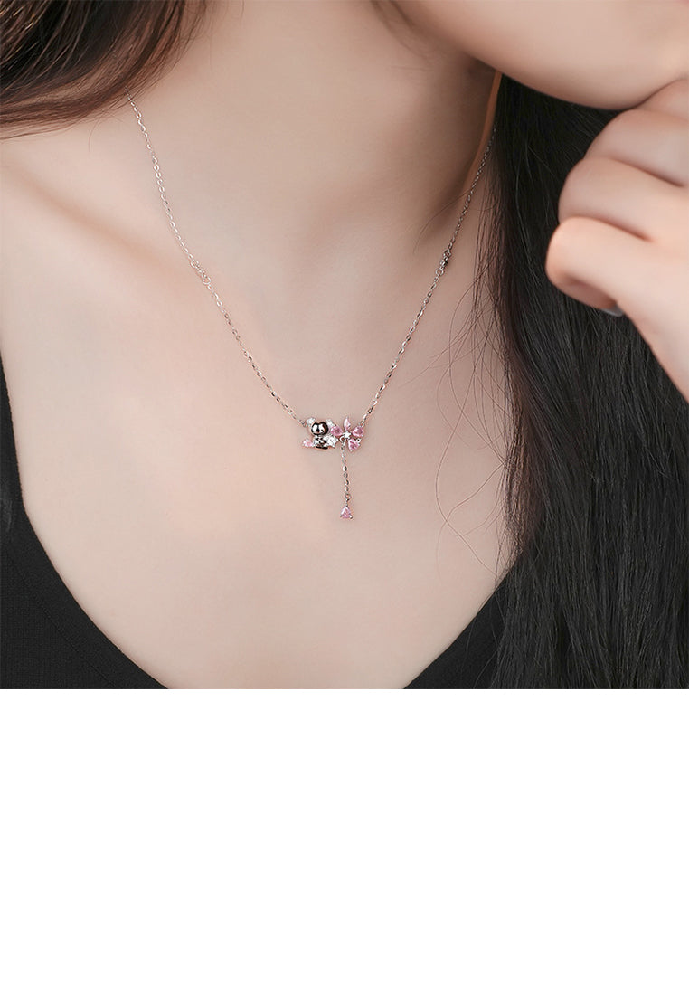 925 Sterling Silver Fashion Cute Cherry Blossom Bear Tassel Pendant with Cubic Zirconia and Necklace - Luxurious Look
