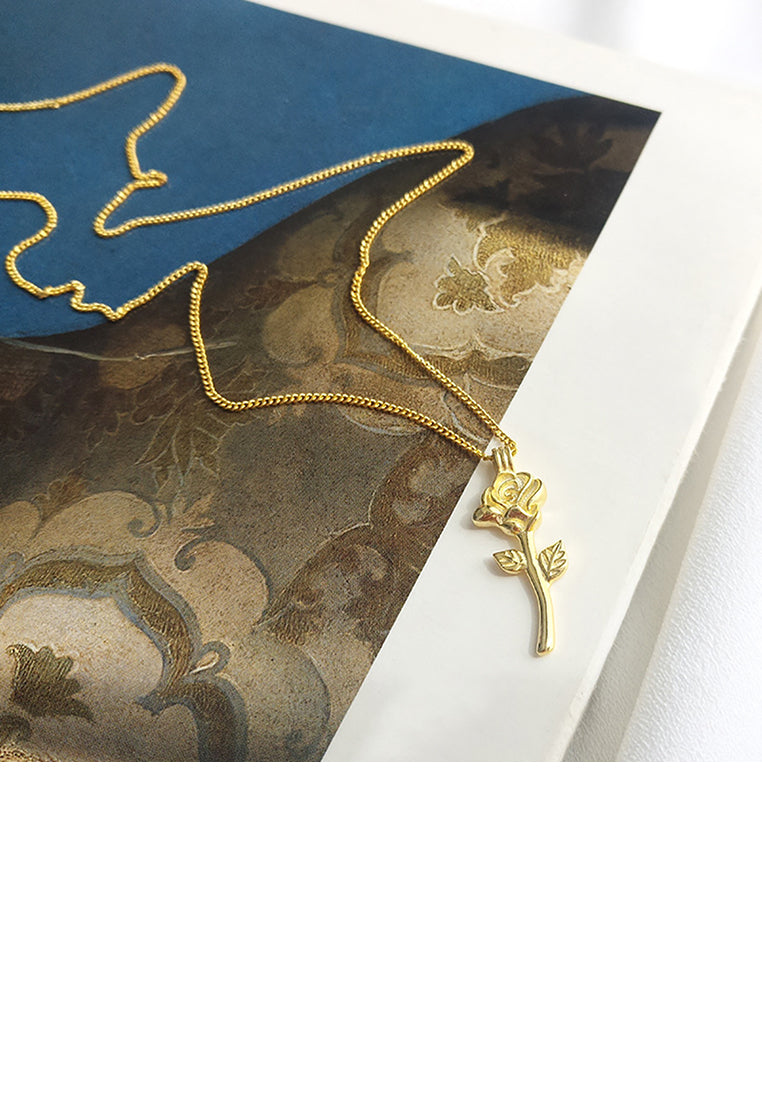 925 Sterling Silver Plated Gold Fashion Elegant Rose Pendant with Necklace