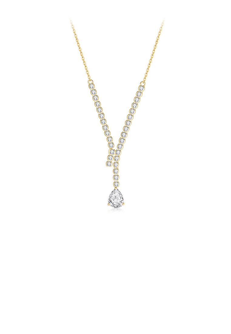 925 Sterling Silver Plated Gold Fashion and Elegant Geometric Tassel Pendant with Cubic Zirconia and Necklace - Luxurious Look