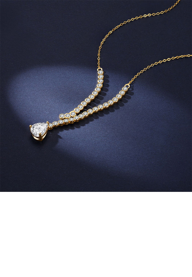 925 Sterling Silver Plated Gold Fashion and Elegant Geometric Tassel Pendant with Cubic Zirconia and Necklace - Luxurious Look