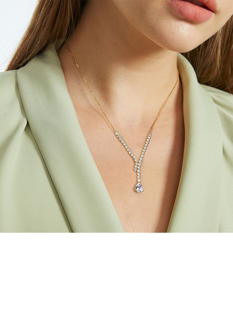 925 Sterling Silver Plated Gold Fashion and Elegant Geometric Tassel Pendant with Cubic Zirconia and Necklace - Luxurious Look