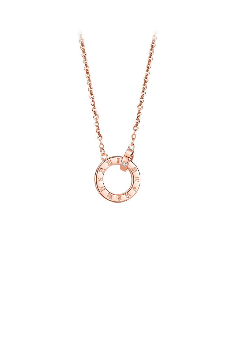 925 Sterling Silver Plated Rose Gold Simple Fashion Roman Numeral Geometric Circle Pendant with Cubic Zirconia and Necklace - Luxurious Look