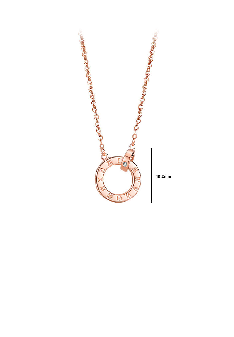 925 Sterling Silver Plated Rose Gold Simple Fashion Roman Numeral Geometric Circle Pendant with Cubic Zirconia and Necklace - Luxurious Look