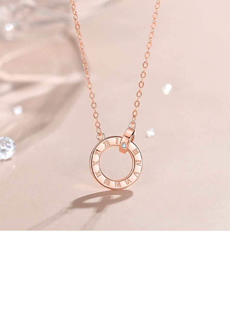 925 Sterling Silver Plated Rose Gold Simple Fashion Roman Numeral Geometric Circle Pendant with Cubic Zirconia and Necklace - Luxurious Look