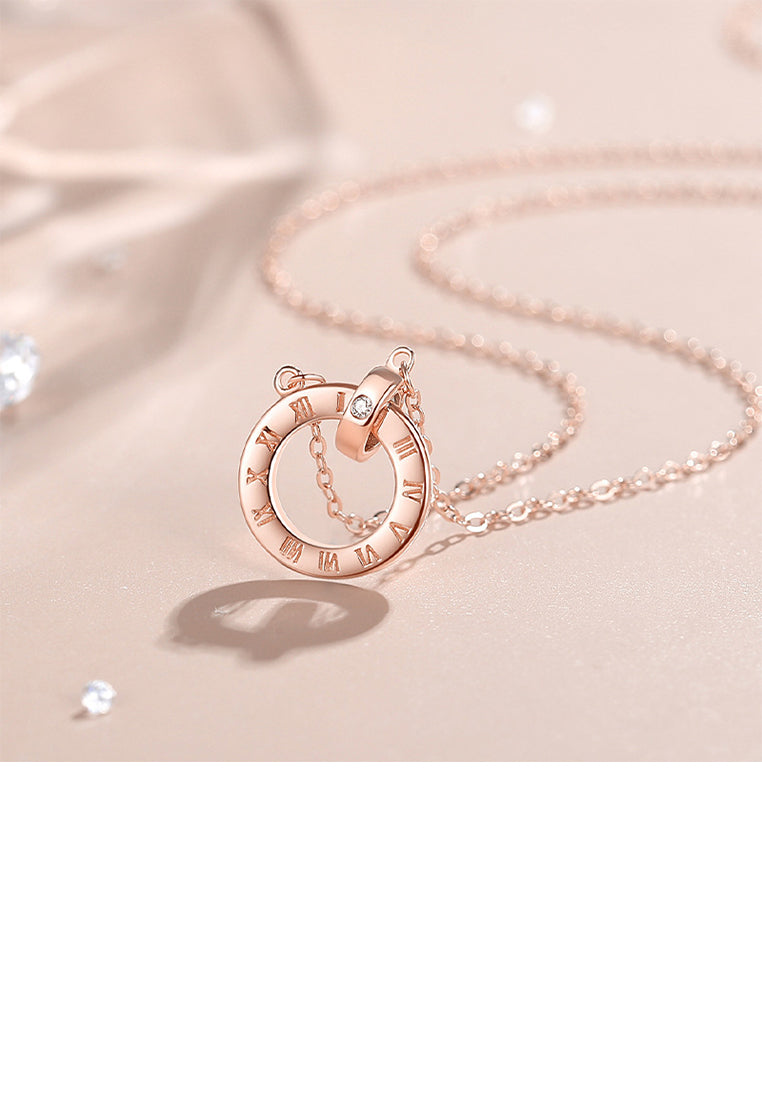925 Sterling Silver Plated Rose Gold Simple Fashion Roman Numeral Geometric Circle Pendant with Cubic Zirconia and Necklace - Luxurious Look