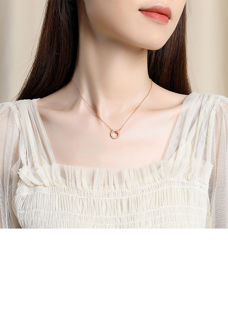 925 Sterling Silver Plated Rose Gold Simple Fashion Roman Numeral Geometric Circle Pendant with Cubic Zirconia and Necklace - Luxurious Look