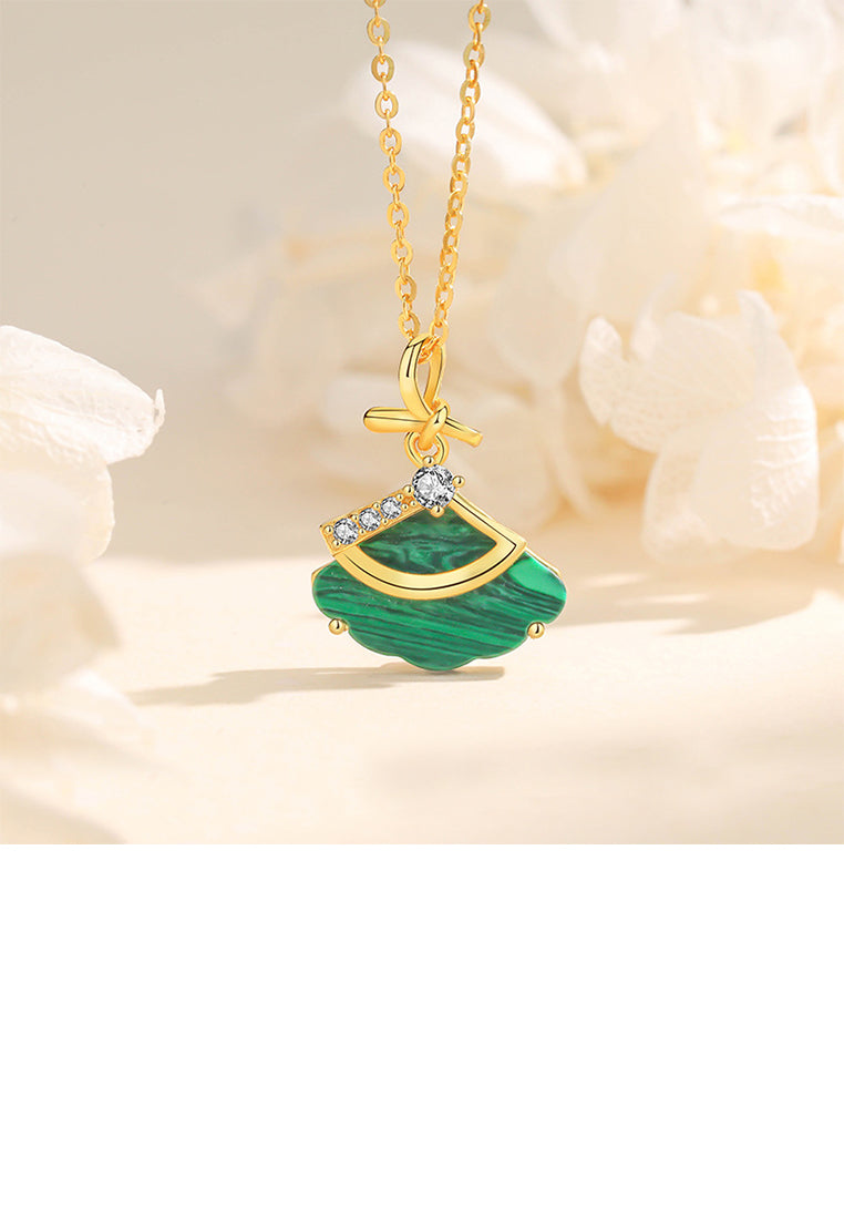 925 Sterling Silver Plated Gold Fashion Temperament Fan Pendant with Cubic Zirconia and Necklace - Luxurious Look