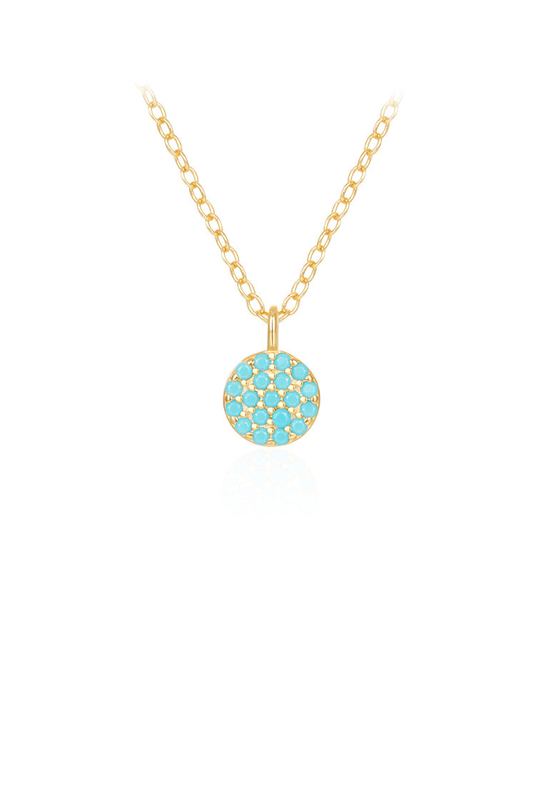 925 Sterling Silver Plated Gold Fashion Simple Geometric Round Pendant with Imitation Turquoise and Necklace