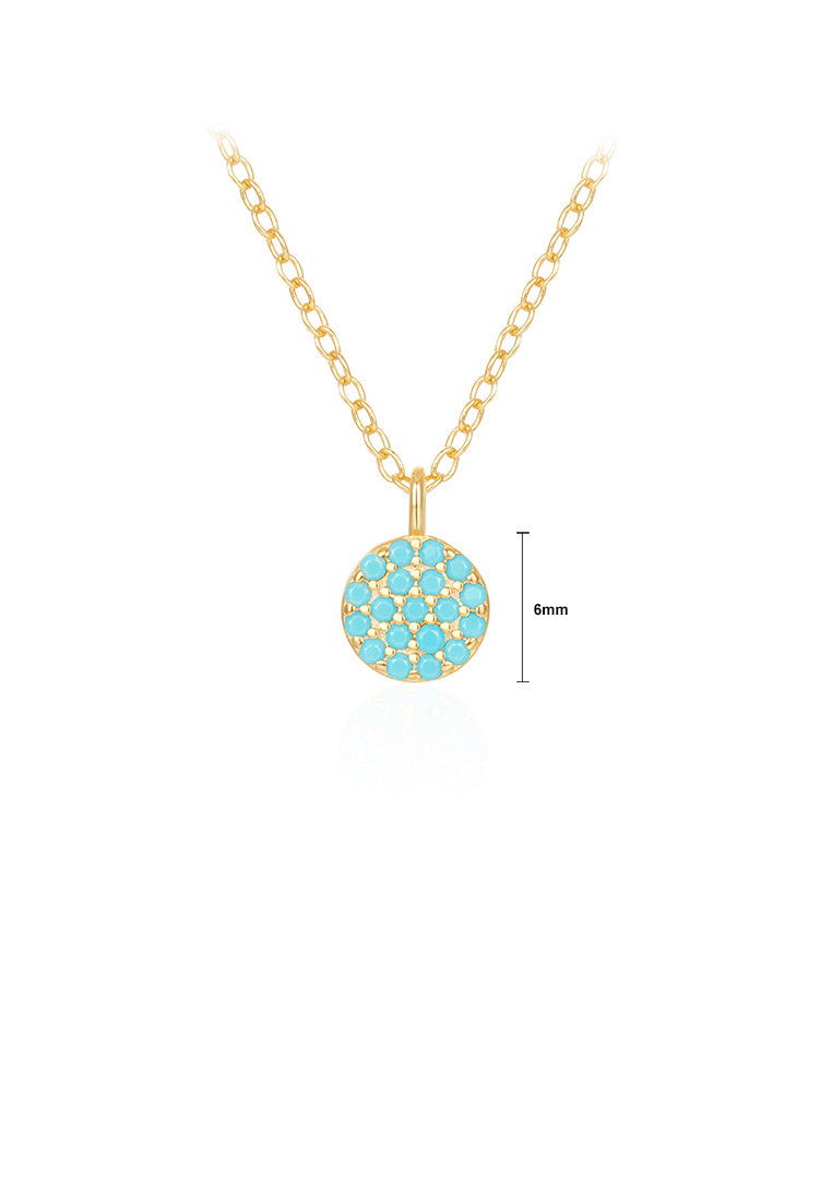 925 Sterling Silver Plated Gold Fashion Simple Geometric Round Pendant with Imitation Turquoise and Necklace