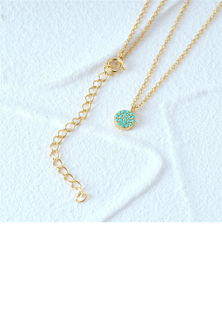 925 Sterling Silver Plated Gold Fashion Simple Geometric Round Pendant with Imitation Turquoise and Necklace