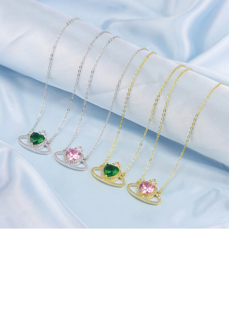 Fashion Creative Plated Gold Heart-shaped Crown Pendant with Pink Cubic Zirconia and Necklace - Luxurious Look - Vibrant Color