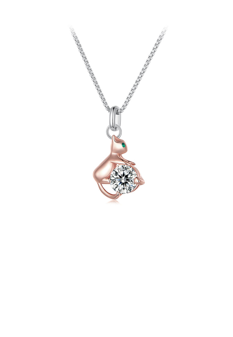 925 Sterling Silver Fashion Cute Rose Gold Cat Pendant with Cubic Zirconia and Necklace - Luxurious Look