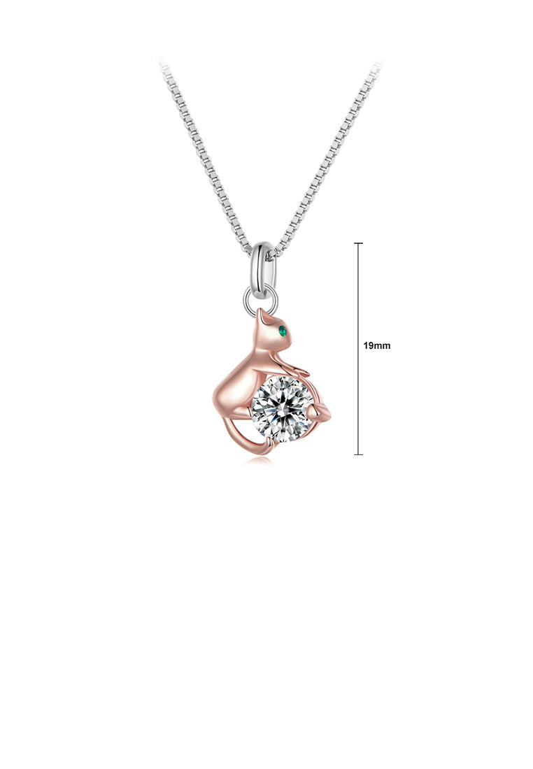 925 Sterling Silver Fashion Cute Rose Gold Cat Pendant with Cubic Zirconia and Necklace - Luxurious Look