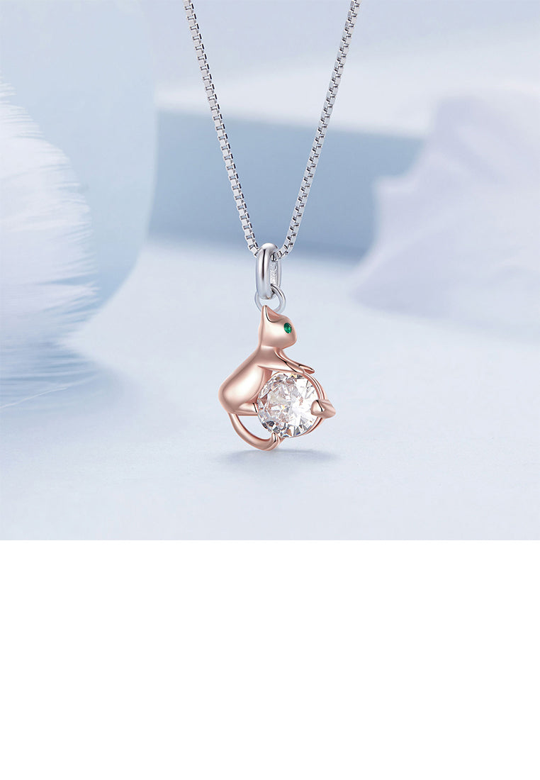 925 Sterling Silver Fashion Cute Rose Gold Cat Pendant with Cubic Zirconia and Necklace - Luxurious Look
