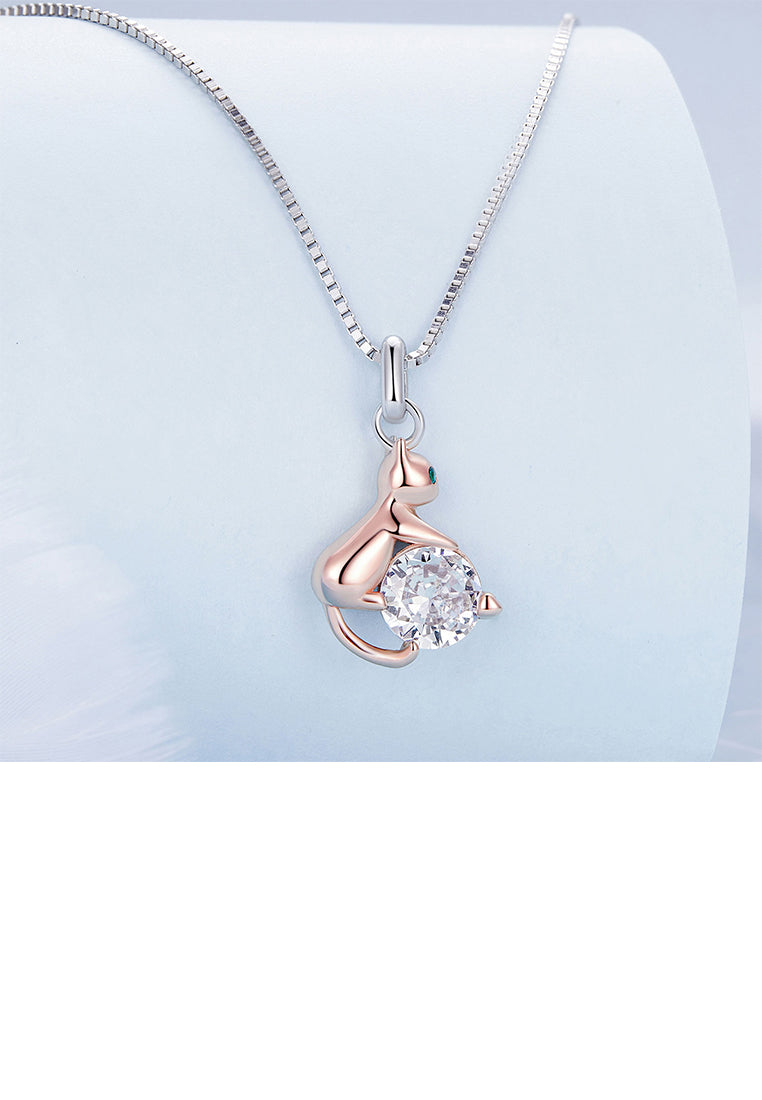 925 Sterling Silver Fashion Cute Rose Gold Cat Pendant with Cubic Zirconia and Necklace - Luxurious Look