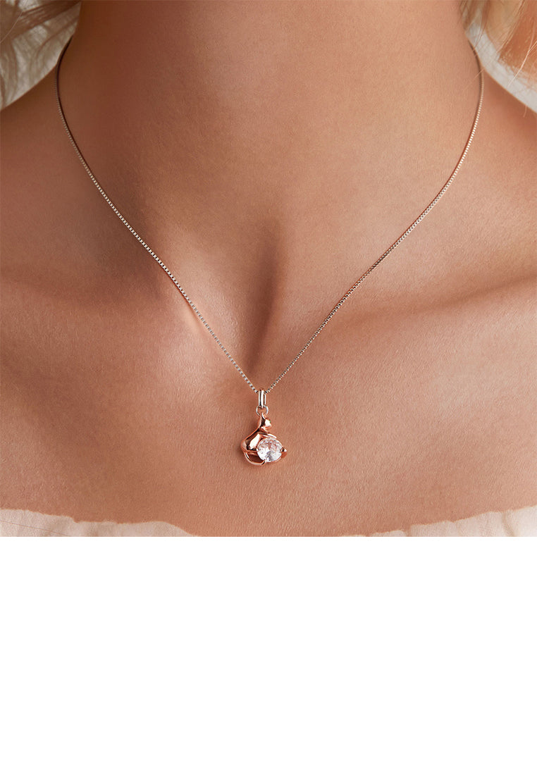 925 Sterling Silver Fashion Cute Rose Gold Cat Pendant with Cubic Zirconia and Necklace - Luxurious Look