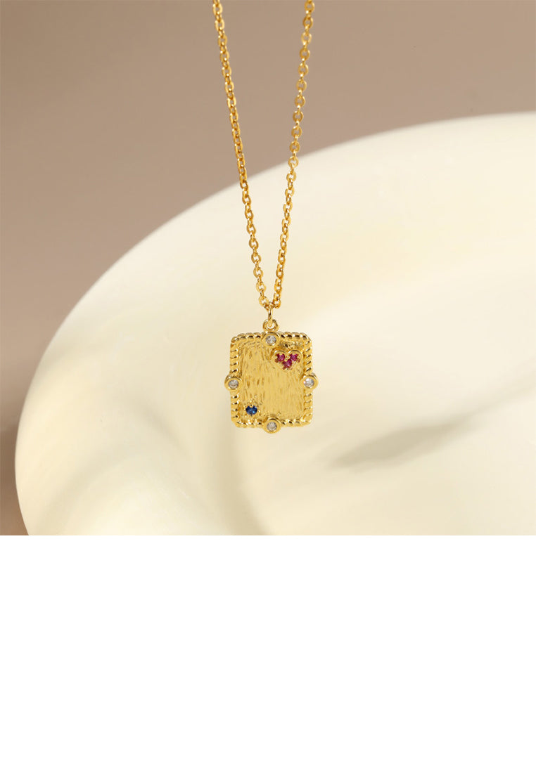 925 Sterling Silver Plated Gold Simple Vintage Geometric Square Pendant with Cubic Zirconia and Necklace - Luxurious Look