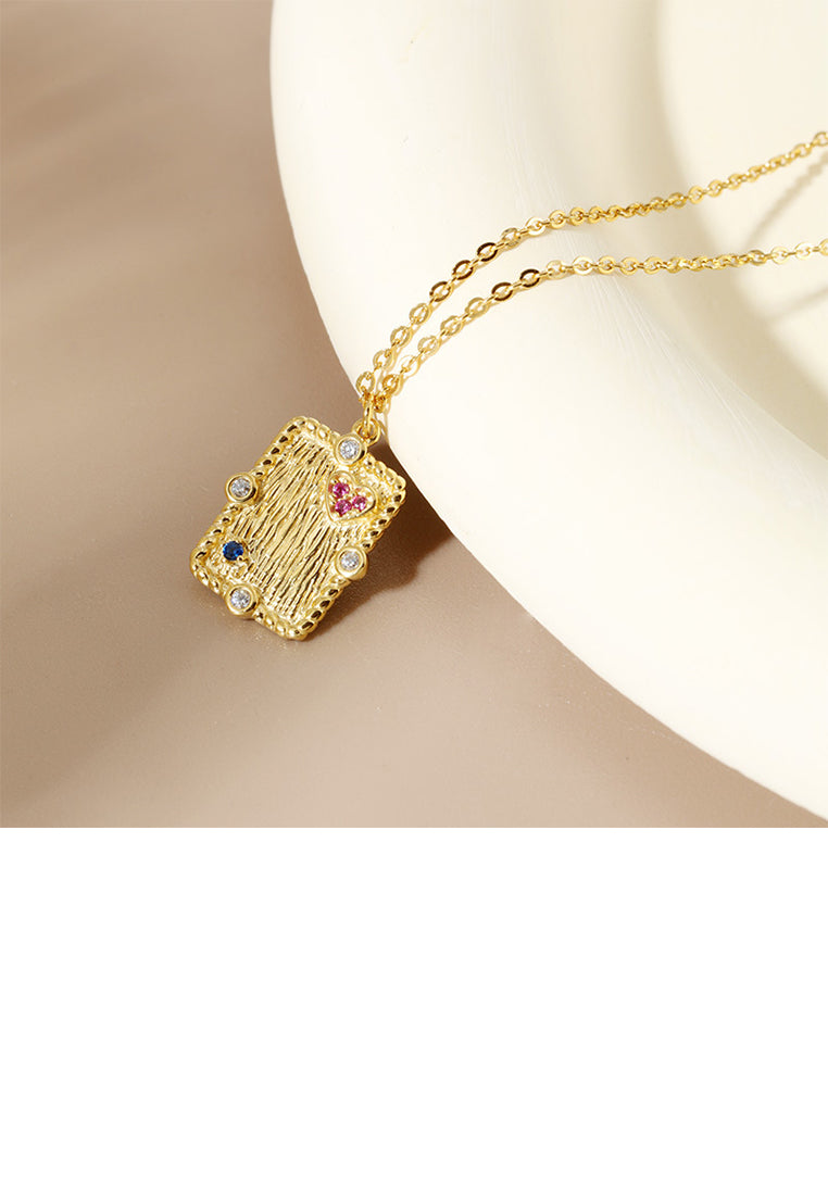 925 Sterling Silver Plated Gold Simple Vintage Geometric Square Pendant with Cubic Zirconia and Necklace - Luxurious Look