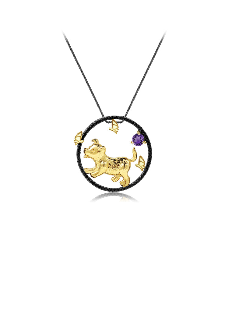 925 Sterling Silver Plated Black Simple Cute Gold Puppy Hollow Geometric Pendant with Amethyst and Necklace