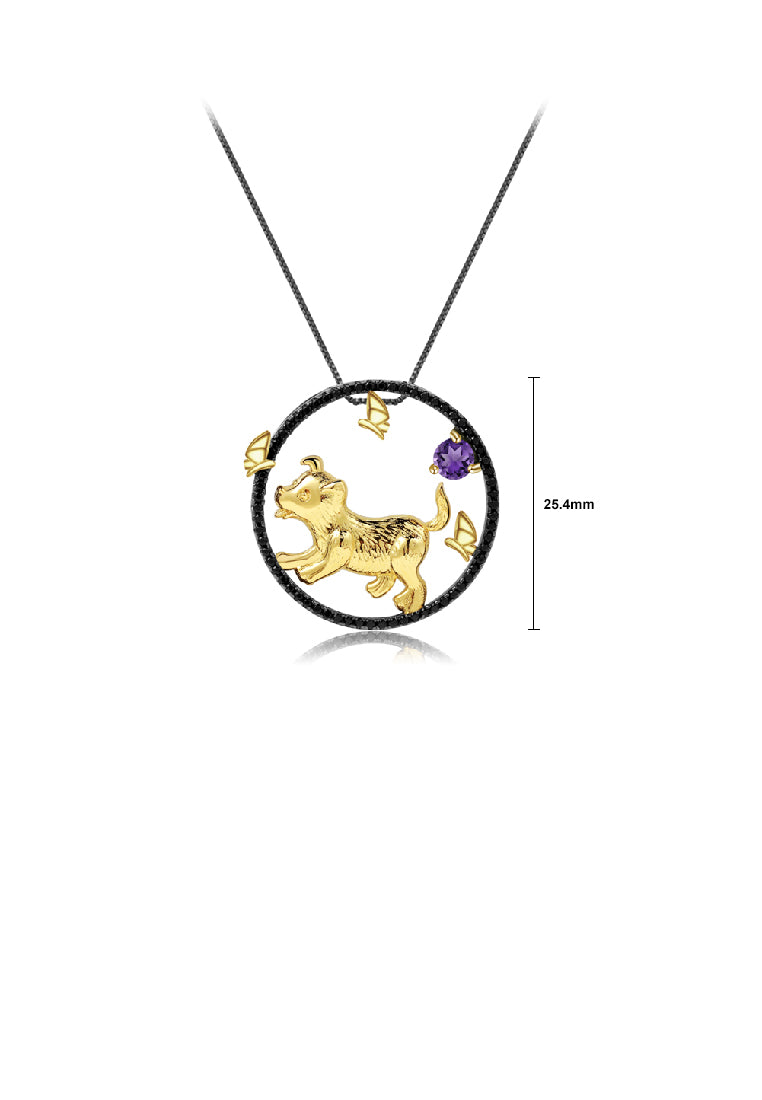 925 Sterling Silver Plated Black Simple Cute Gold Puppy Hollow Geometric Pendant with Amethyst and Necklace