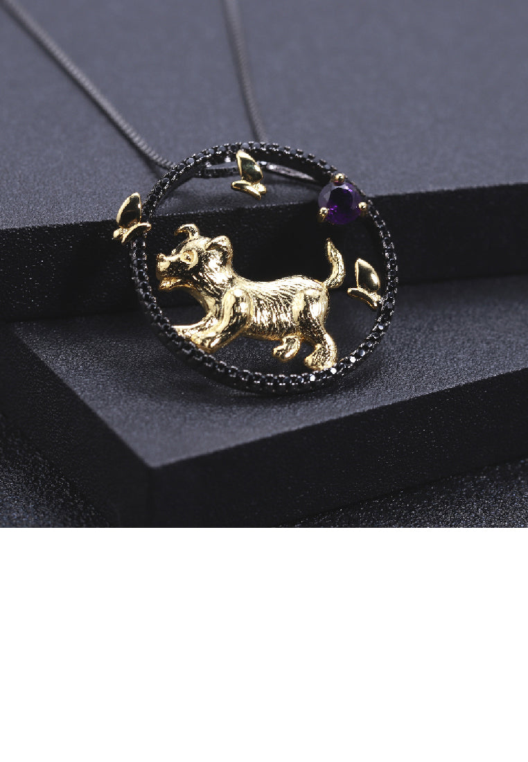 925 Sterling Silver Plated Black Simple Cute Gold Puppy Hollow Geometric Pendant with Amethyst and Necklace