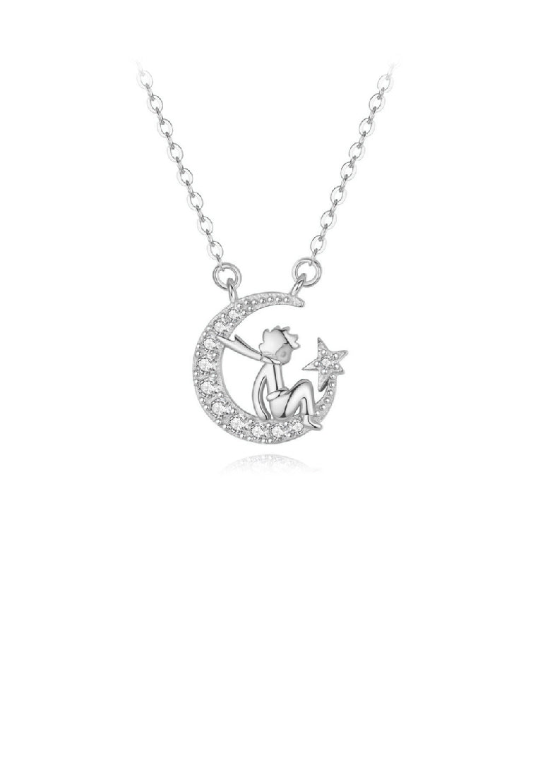 925 Sterling Silver Fashion Creative Little Prince Moon Pendant with Cubic Zirconia and Necklace - Luxurious Look