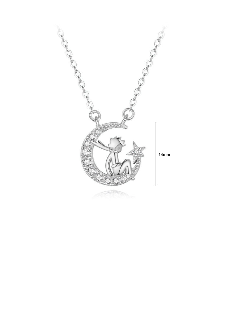 925 Sterling Silver Fashion Creative Little Prince Moon Pendant with Cubic Zirconia and Necklace - Luxurious Look