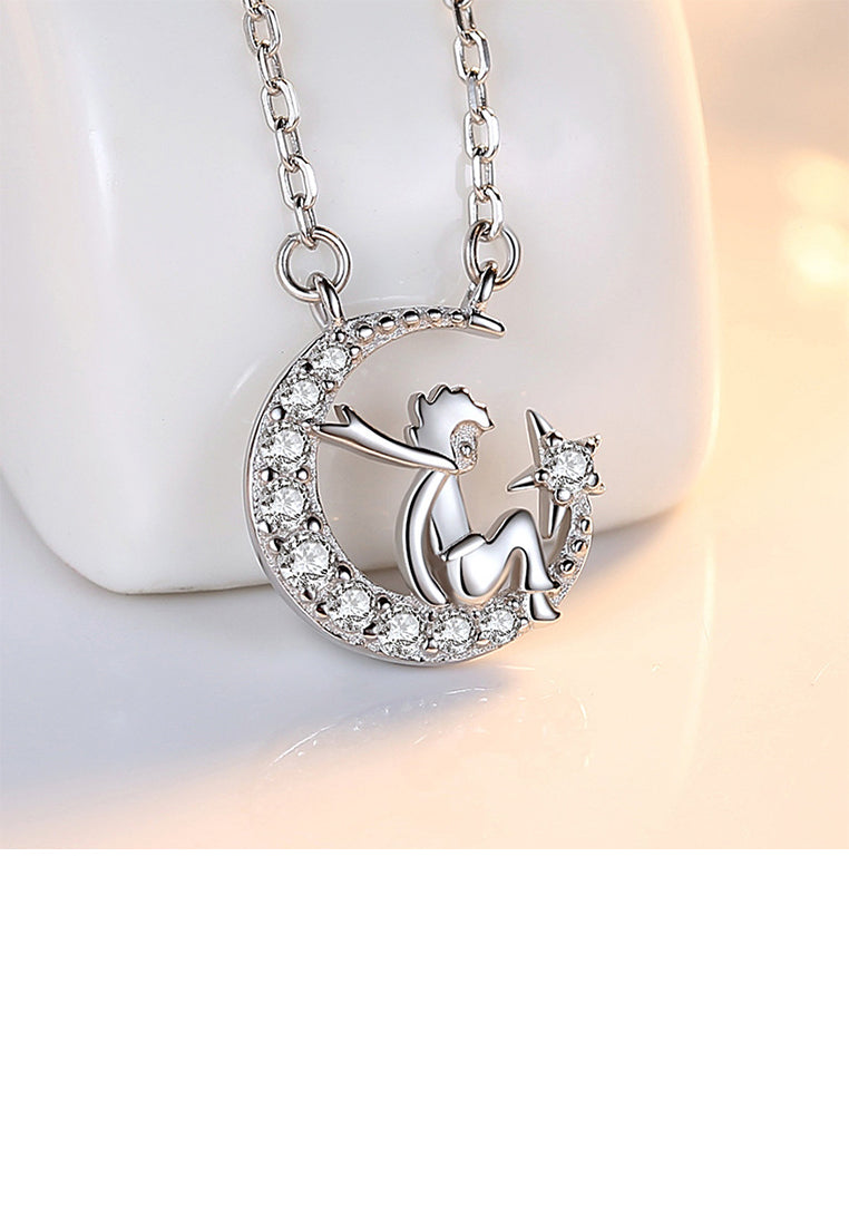 925 Sterling Silver Fashion Creative Little Prince Moon Pendant with Cubic Zirconia and Necklace - Luxurious Look