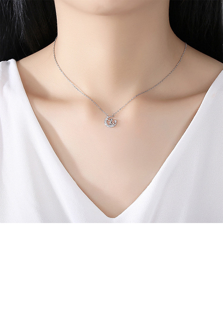 925 Sterling Silver Fashion Creative Little Prince Moon Pendant with Cubic Zirconia and Necklace - Luxurious Look